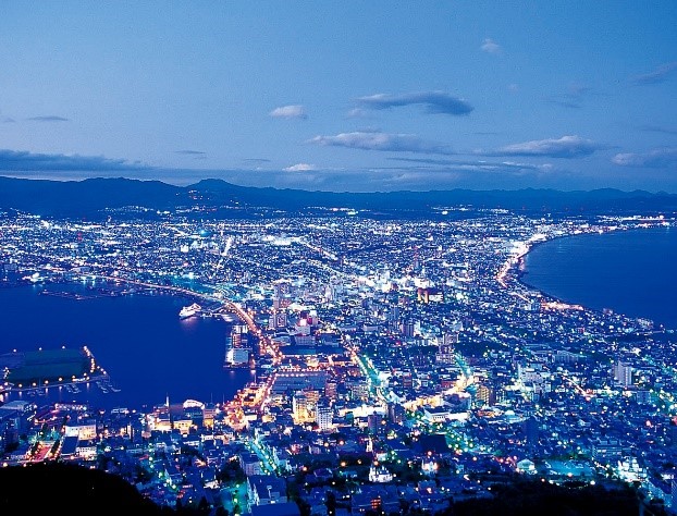 日本北海道賞楓景點，函館山百萬夜景示意圖