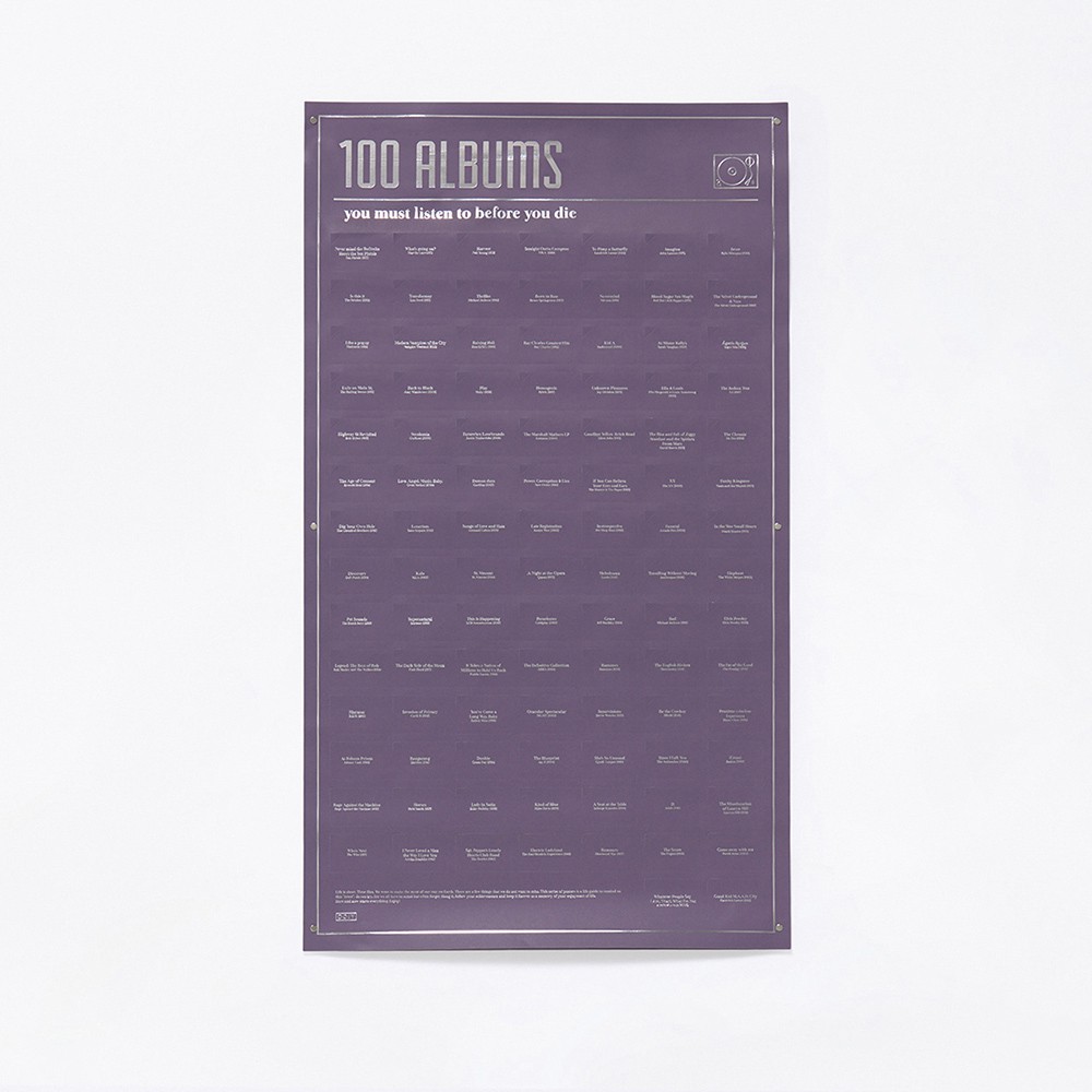 100張專輯都能像郵票般撕除，100張必聽的專輯等著你發掘更美好的音樂。別讓你的人生留下遺憾！時間正悄悄地奪走我們的青春，請珍惜你無法重來的人生！跟著海報的腳步，尋覓這100個死前必聽的音樂吧！聽著旋