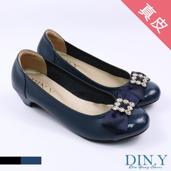 方鑽釦飾真皮中跟鞋(藍) 圓頭．粗跟．牛皮．包鞋．工作鞋．蝴蝶結．女鞋【S089-06】DIN.Y