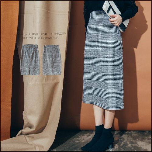 URES 千鳥格紋兩穿拉鍊開岔設計毛呢中長裙【881018287】