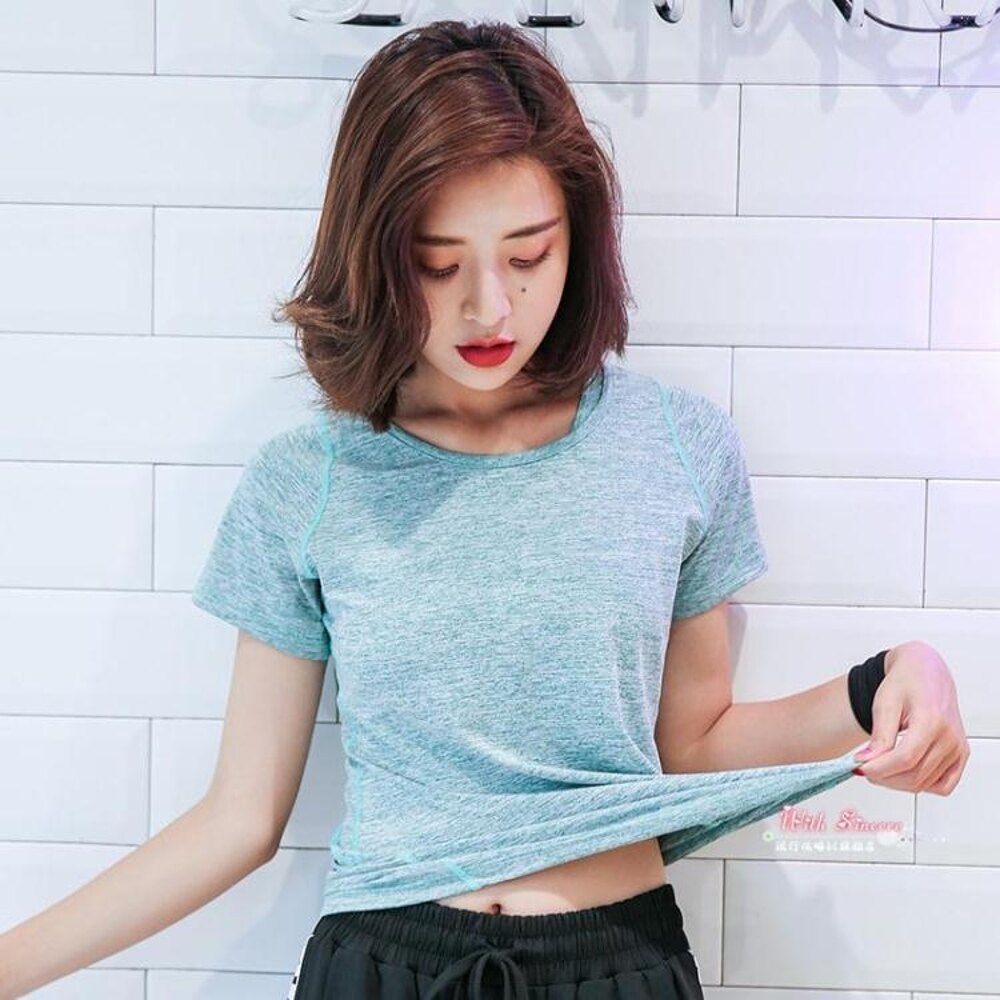 排汗衣 夏季速幹T恤運動上衣女士瑜珈服健身房跑步短袖罩衫寬鬆顯瘦 5色