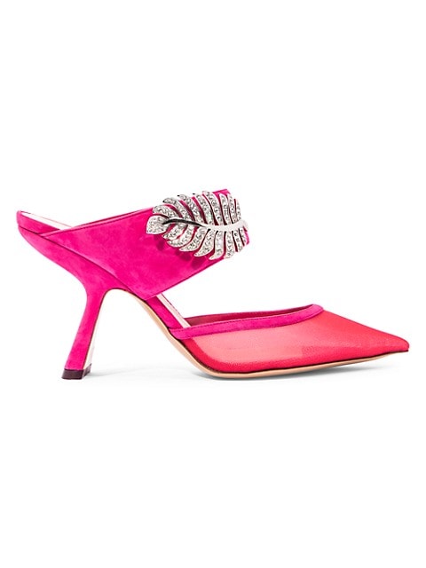 In a modern mix of suede and mesh, these point-toe mules are embellished with an ornate crystal-encr