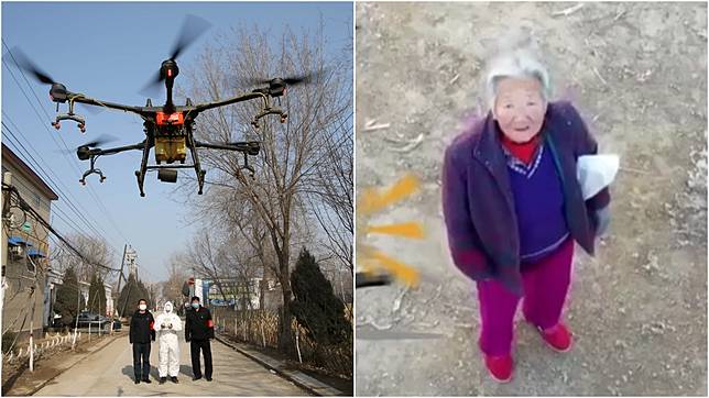大陸各地當局派無人機協助防疫工作，左圖進行消毒，右圖抓沒戴口罩。(合成圖／達志影像路透社、翻攝自封面視頻)