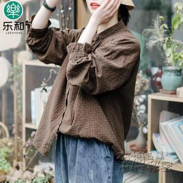 收口花朵袖襯衫棉麻立領秋小衫女燈籠袖復古文藝做舊亞麻上衣 6 618購物節免運