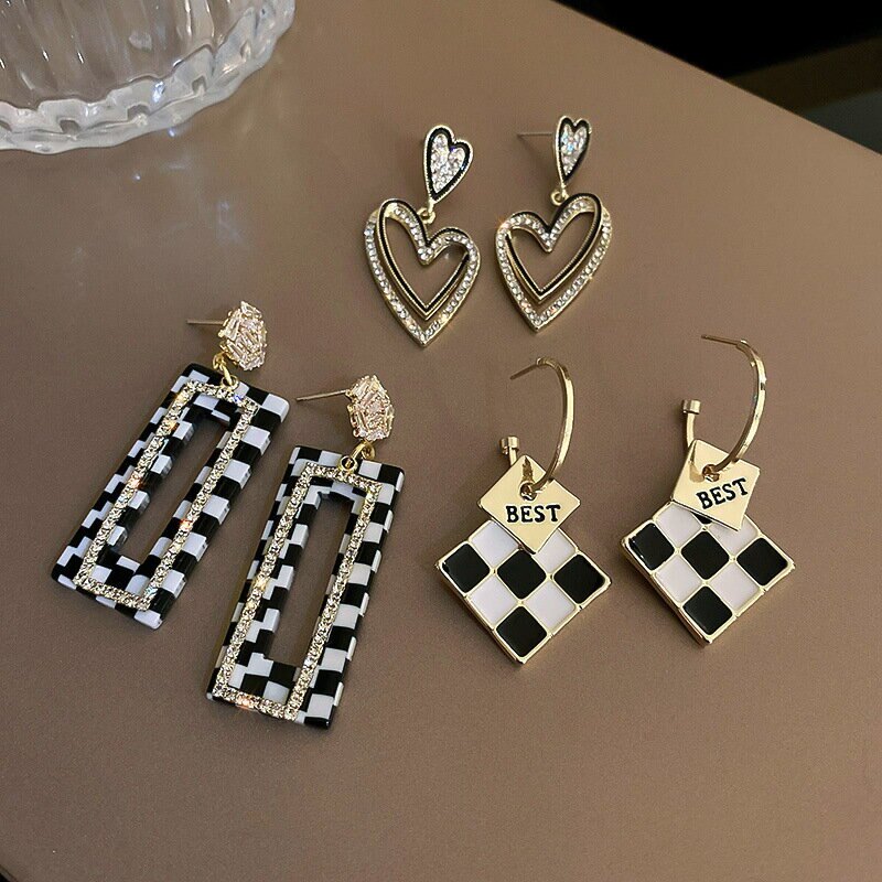 925銀針幾何棋盤格耳環韓國東大門時尚設計感耳釘個性氣質耳飾女