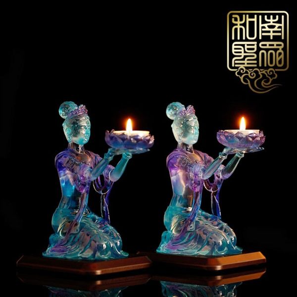 佛堂供佛飛天女蓮花燈保家仙女仿琉璃燈長明酥油燈座蠟燭臺擺件支