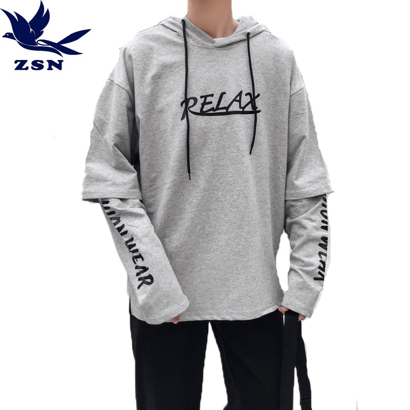 假兩件學院風文字長袖帽tee 韓風秋季拼接個性潮牌學生帽t外套 男生連帽衫 套頭衫 休閒寬鬆嘻哈外套 街頭潮流時尚帽t