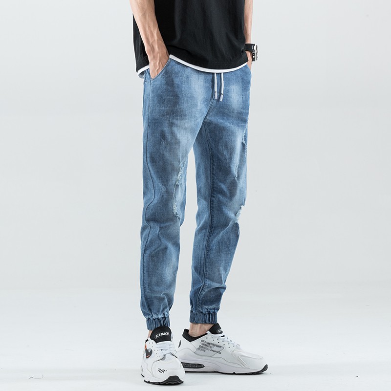 鬆緊腰縮口褲 九分褲牛仔破褲 休閒長褲 牛仔褲 丹寧褲 寬褲 男生褲子 日系正韓運動褲 歐美工作褲 男友褲 現貨禮物FT