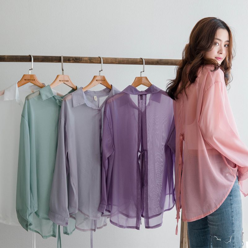 ★單件79折★原價399-79折$315★miustar 透膚薄紗後開衩綁帶珠光雪紡襯衫(共5色)0811 預購【nh1693】