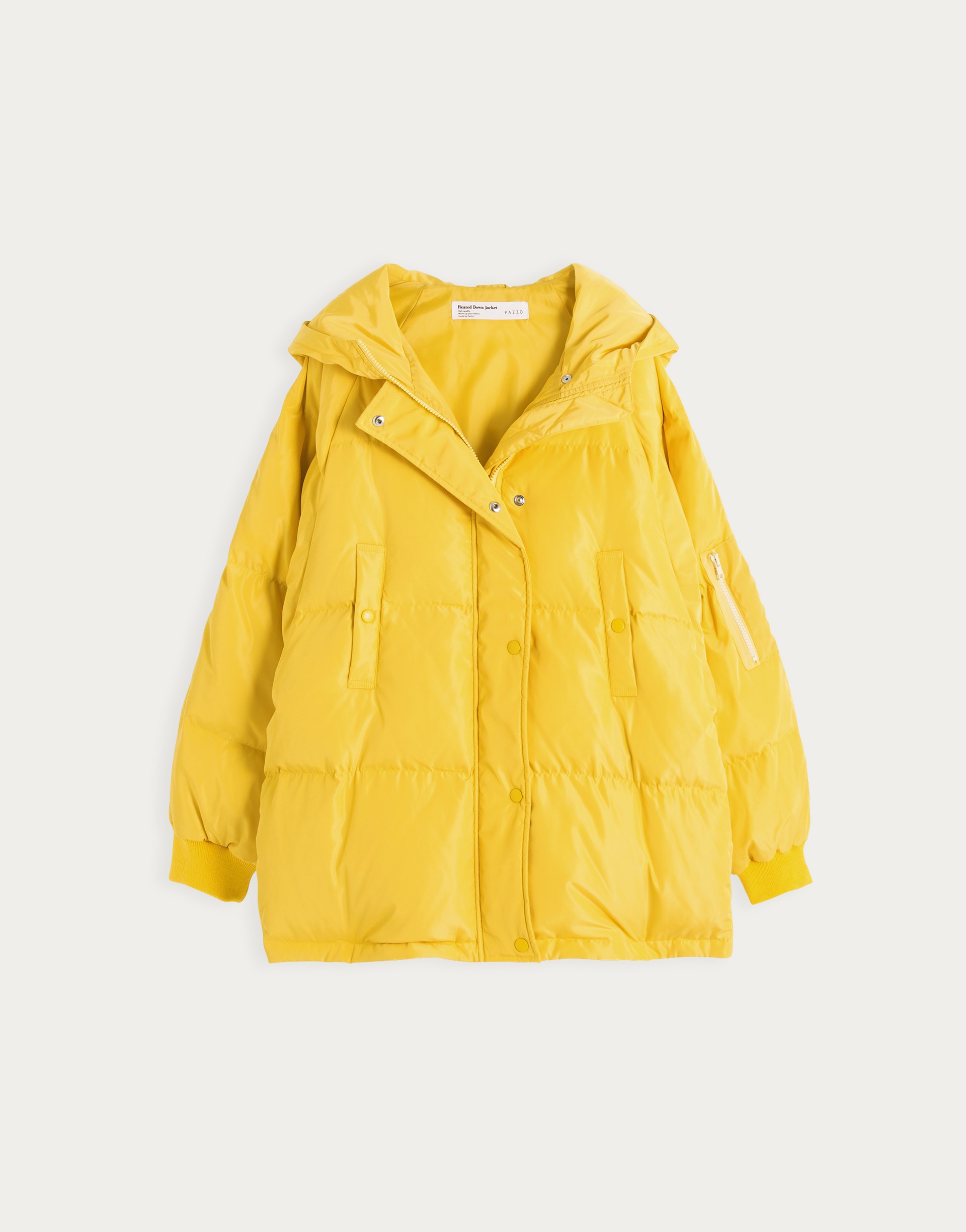 高質量羽絨填充/連帽設計不可拆/前拉鍊配色設計/手袖配色拉鍊口袋/前片有口袋/門襟壓釦與拉鍊雙層保暖防風設計/袖口羅紋拼接提升保暖度