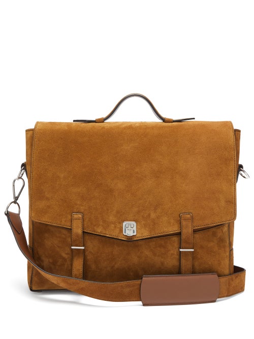 Métier - This brown Rider briefcase is handcrafted by a single artisan in Italy from plush suede, ca