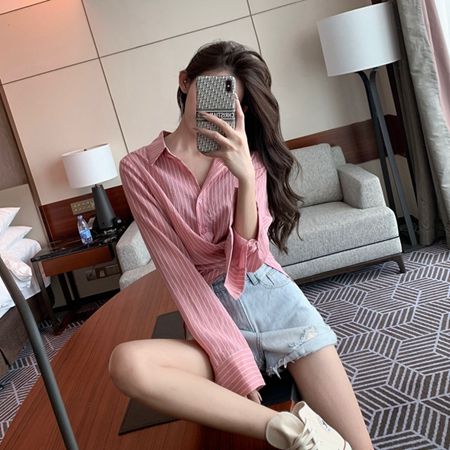 鹽系輕熟條紋中長款寬鬆長袖襯衫女秋季不規則設計感小?襯衣上衣