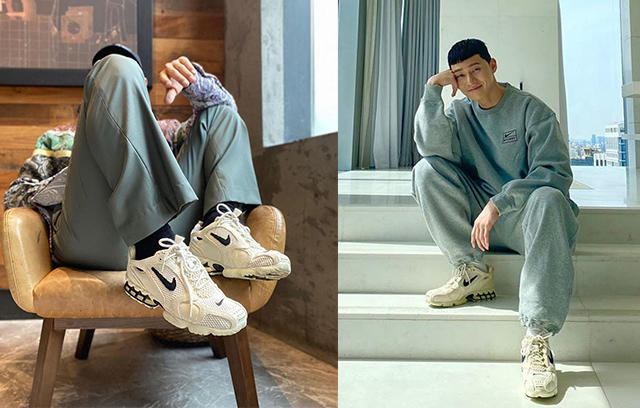 朴敘俊(右)著用Stussy x Nike Air Zoom Spiridon Cage 2
