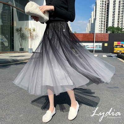 【Lydia】夢幻星空漸變中長款高腰大擺網紗裙(灰/黑 F)