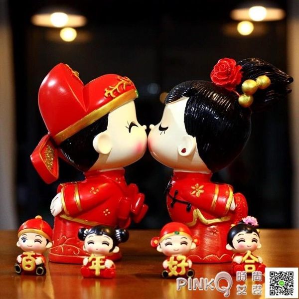 中式創意擺件婚慶娃娃 家居臥室隔板喜慶情侶娃娃 新郎新娘人偶
