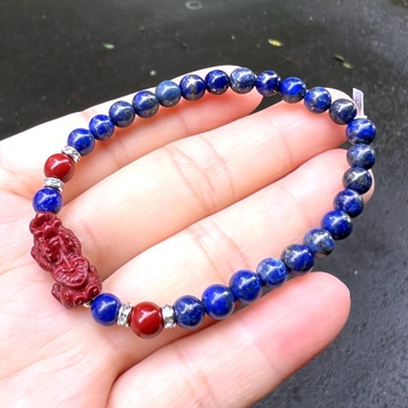 『晶鑽水晶』 天然青金石+硃砂貔貅手鍊 6mm 舒緩壓力*激發靈感*加強溝通表達能力 招財 避邪擋煞