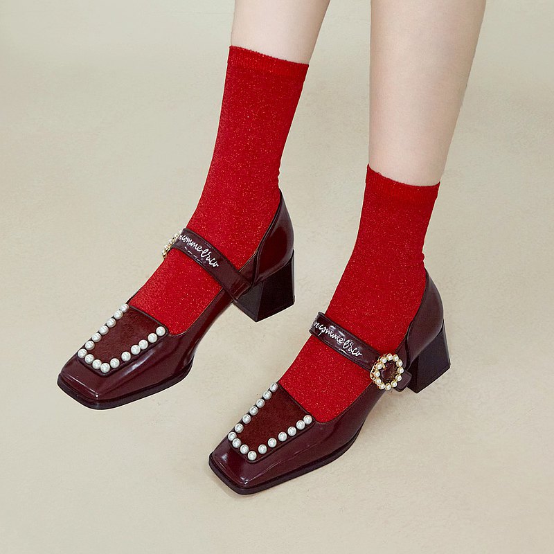 | HOA | 小方頭復古珍珠瑪麗珍矮跟鞋 | 棗紅色 | 5727