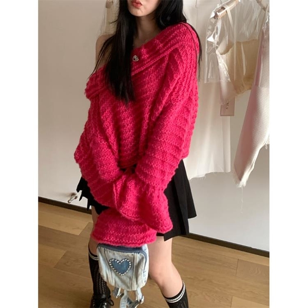 溫柔少女風仿海馬毛喇叭袖一字領毛衣女秋季2022新款寬松針織上衣