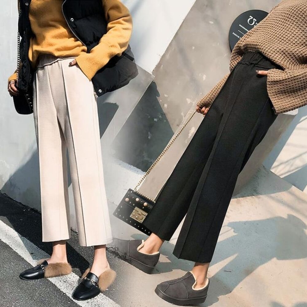 毛呢闊腿褲女春夏九分褲2019新款正韓高腰直筒褲呢子西裝褲煙管褲【星時代女王】