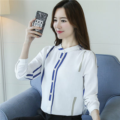 9007#秋裝新款polo衫小清新女裝v領長袖白襯衣藍色條紋襯衫女 T-614 皇朝天下
