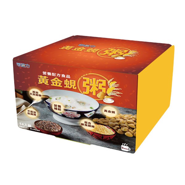 【商品特色】1.添加天然穀物2.不添加防腐劑3.富含膳食纖維【商品規格】商品名稱：Kan Berra 可倍力 營養配方食品 黃金蜆粥 (40g/14包/單盒)【杏一】商品規格：440g/14包/單盒營