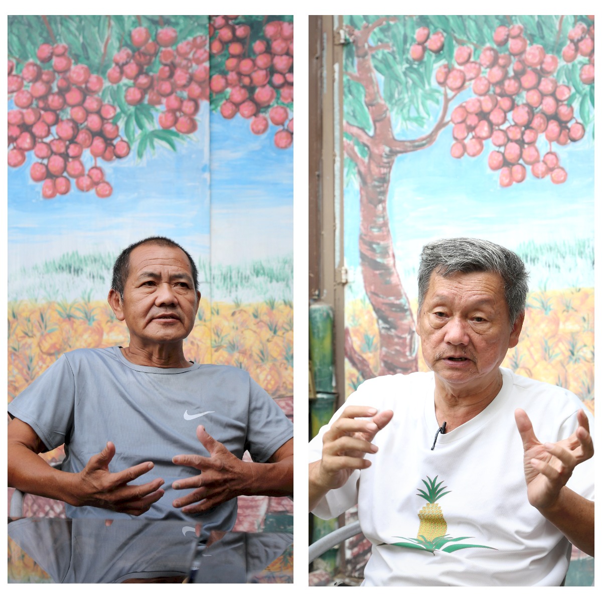 龍目里長陳榮清(左)、大樹區休閒農業發展協會理事長謝坤淞(右)細數大樹區龍目里的發展歷程。(攝影/Carter)