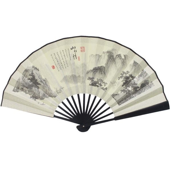 大仿古裐扇子 山水畫摺疊扇(黑竹桿)/一袋10支入{定120} 雙面高級絹布扇 長33cm 標準型-6641