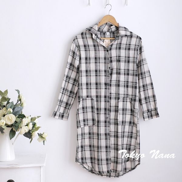 東京奈奈日系長襯衫外套格子防曬翻領長版衣襯衫[t12201]