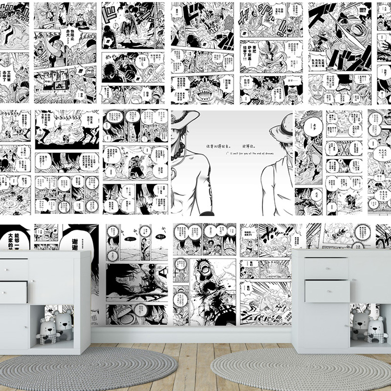 日本海賊王動漫牆紙牆布兒童房臥室寢室奶茶店咖啡廳黑白漫畫壁紙
