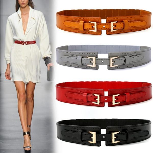 腰封 寬彈力鬆緊牛皮裝飾女士腰帶大衣簡約百搭連衣裙皮帶 - 歐美韓