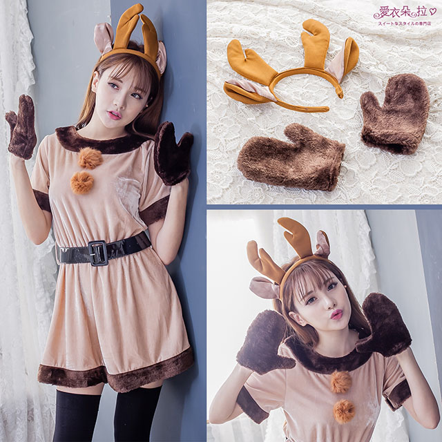 ＊愛衣朵拉＊麋鹿裝 短袖連身裙+麋鹿角頭飾+毛毛手套[K054]