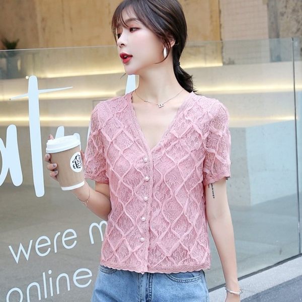 氣質V領珍珠鈕釦蕾絲上衣S-2XL(共二色)