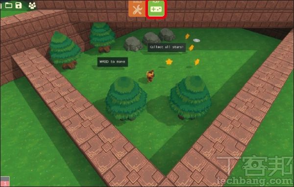 4.在引導教學的「PLAY」模式下，主角就是黃色機器人，首先依照畫面指示，利用「WSAD」移動收集所有星星，若覺得字太小看不清，可以利用滾輪拉近視野。