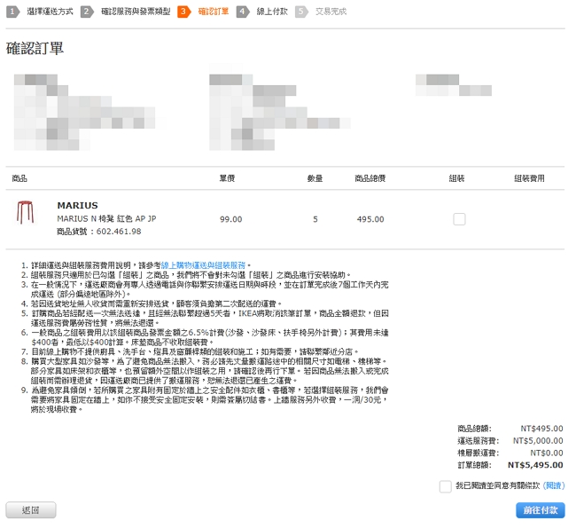 上網花495元買下5張IKEA板凳，收到帳單才發現「運費5000元」