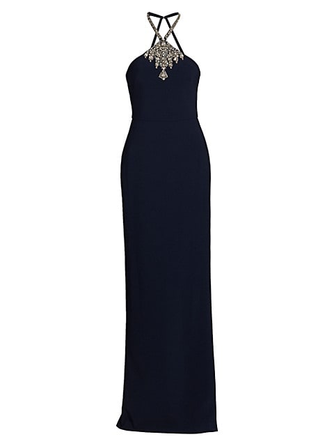 Halter crepe gown with hand-embroidered glass beads along front neckline.; Halterneck; Sleeveless; C