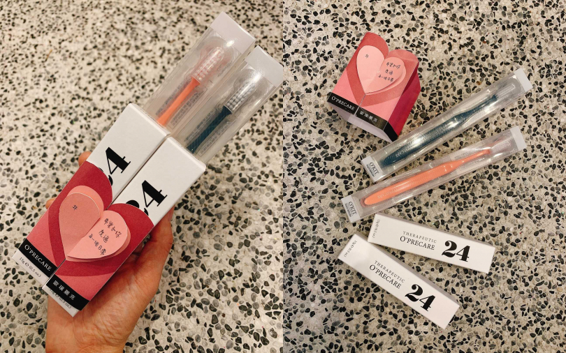 同場加映的情人節限定組合-#希望和你度過每一個日常(450元)，蜜桃粉和靜墨綠的兩支男女色選OKIT美齒雙層柔纖刷毛牙刷，讓妳們隨時要去對方家裡過夜也沒問題>///<。（圖／吳雅鈴攝影）