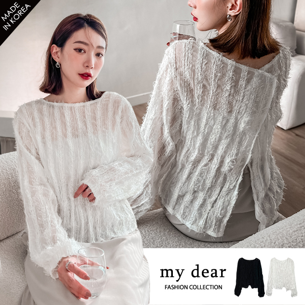 MD韓【A01220140】毛毛半開襟透膚上衣２色