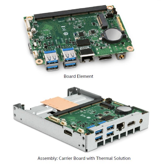 ▲ Board Element 可視為 NUC Elements 當中的主機板角色，電路板可加裝 1 個 M.2 2280 PCIe x4 或是 SATA 介面裝置，下方 Pro Assembly Element 版本則是包含 Compute Element 的散熱裝置。