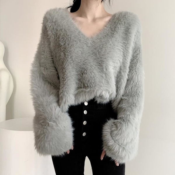 韓國chic秋冬溫柔氣質V領寬松純色長袖加厚保暖海馬毛針織毛衣女