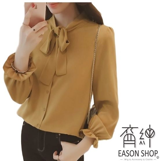 EASON SHOP(GU5292)蝴蝶結綁帶領帶子長袖白襯衫韓版寬鬆女上衣繫帶雪紡襯衫袖子縮口春夏裝