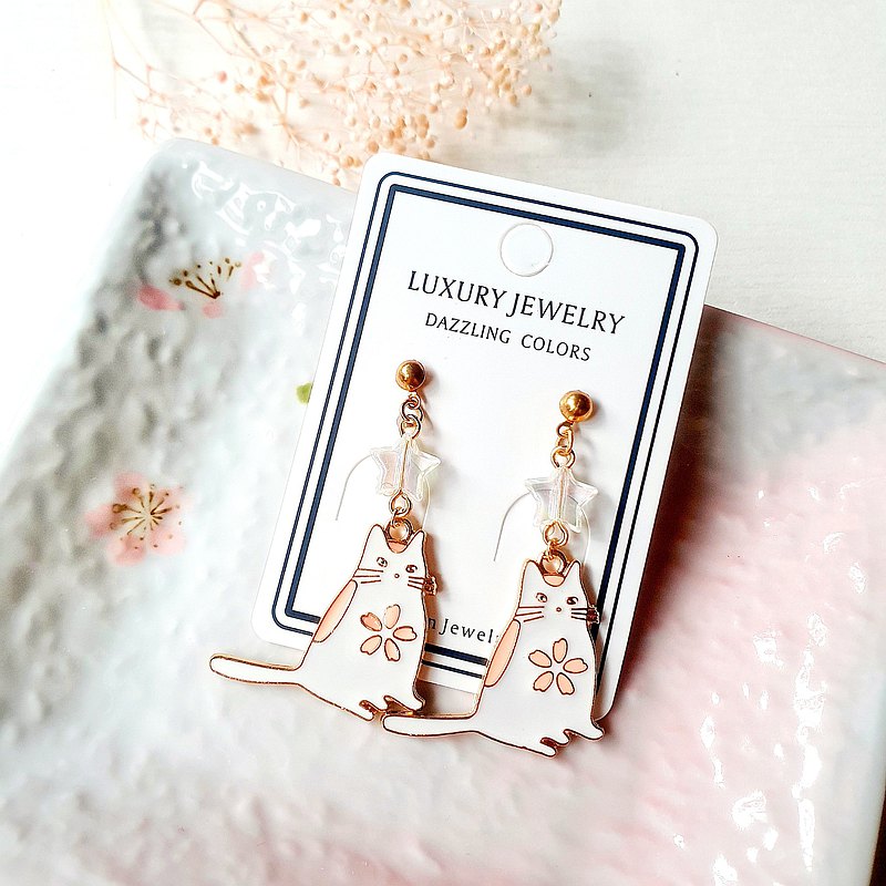 925銀 耳環 耳針 耳夾 合金 貓 白貓 櫻花 可愛 禮物 療癒 少女