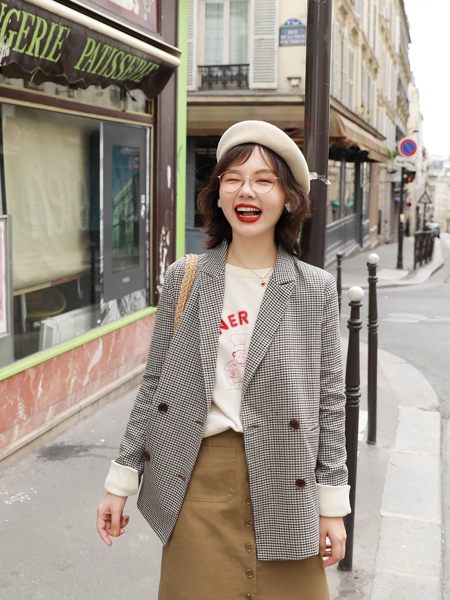 花栗鼠小姐 復古chic西裝外套女2018新款休閒西服千鳥格小西裝WD 檸檬衣舍