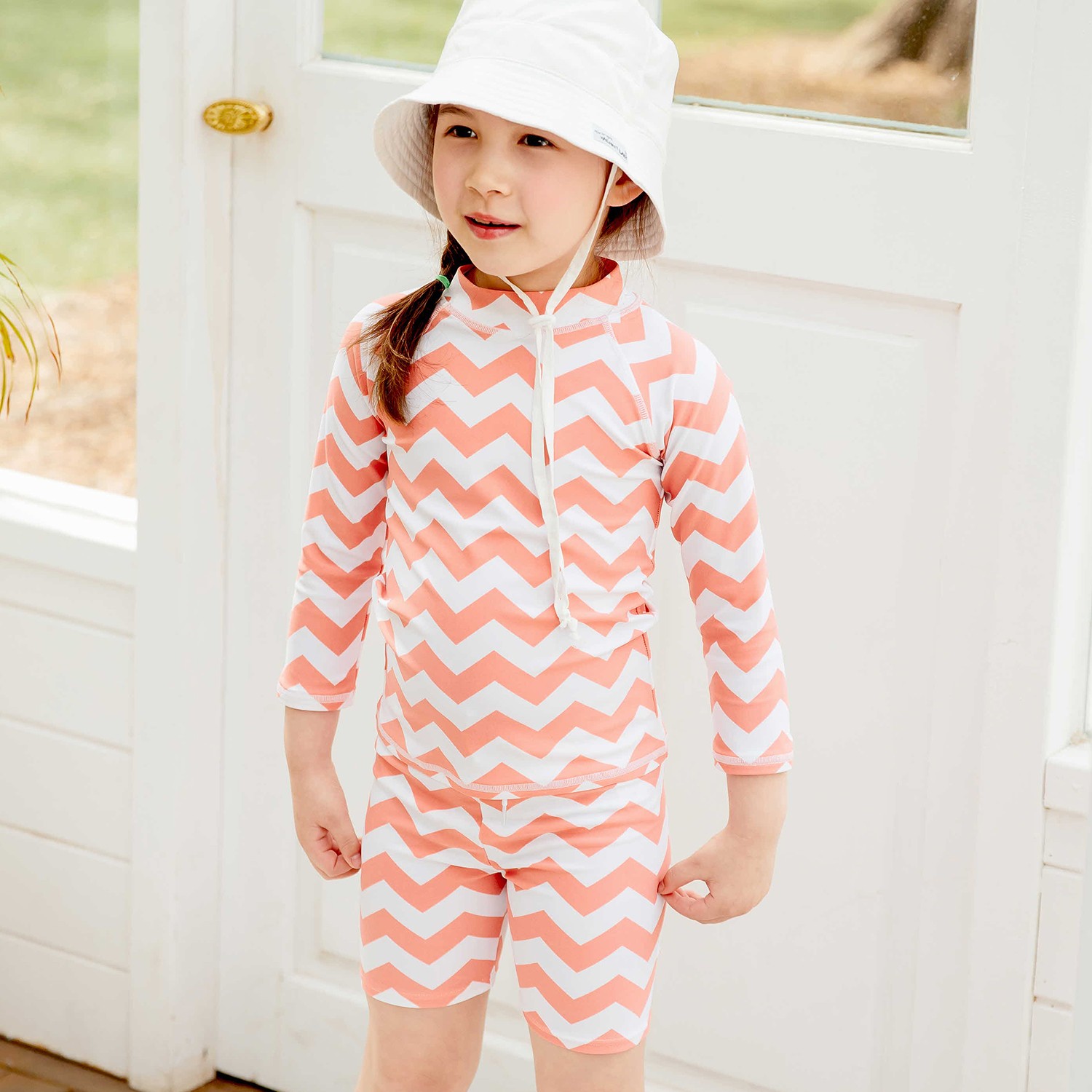 韓國 Vaenaitbaby - (抗UV)清爽夏日防曬泳裝-橘紅波紋