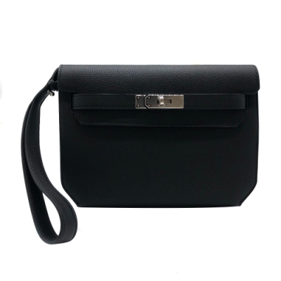 HERMES Kelly depeches 25 銀扣手拿包(黑/銀)