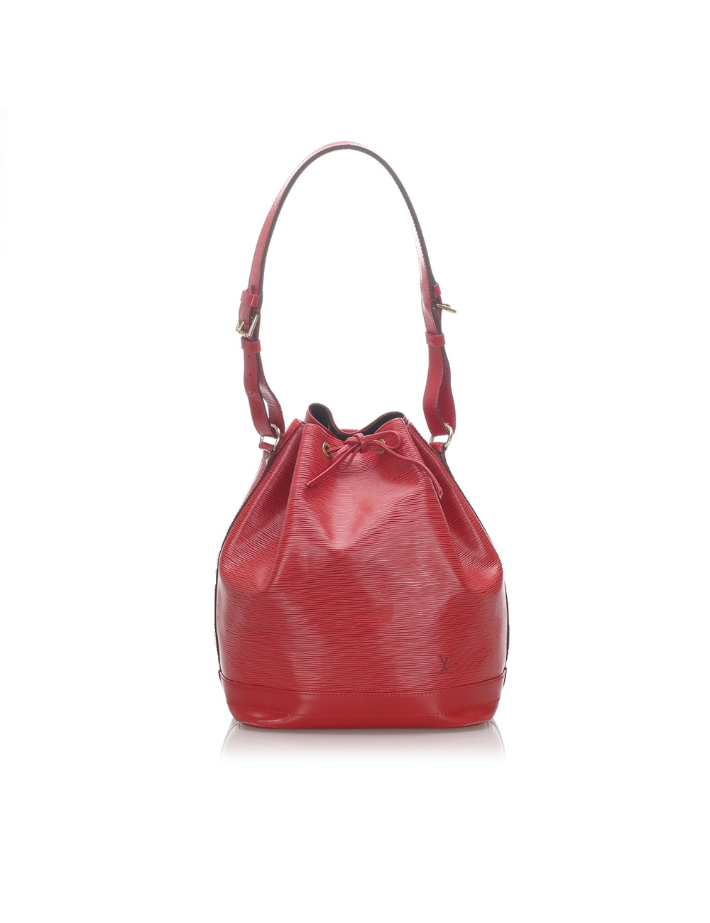 The Petit Noe features Epi leather, an adjustable flat strap, and an open top with a drawstring clos