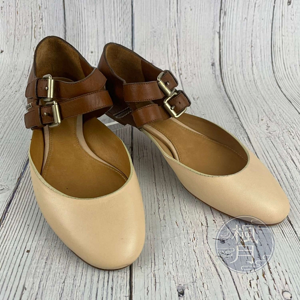 BRAND楓月 CHLOE蔻依 圓頭米色/焦糖色 平底鞋 涼鞋 雙圈 皮革 編織鞋 女鞋 芭蕾舞鞋