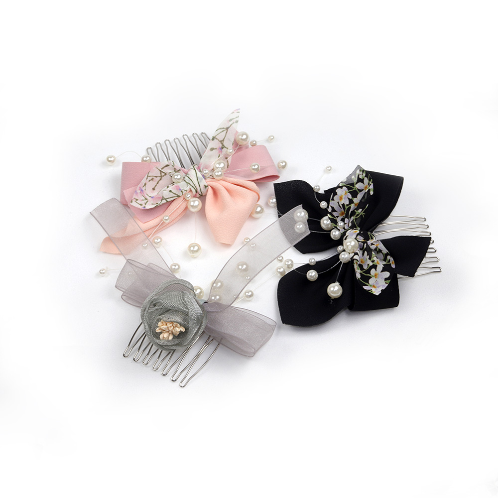 [韓國設計師款]大版雪紡珍珠串蝴蝶結短髮叉 3色 CC19045