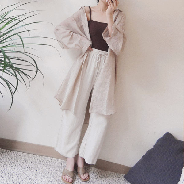 TMH-挺挺的超長版襯衫-卡其色