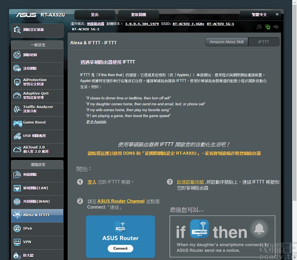 ▲ IFTTT 可透過程式常用的 if、the 如果…就…條件式判斷，操作家中的 RT-AX92U。