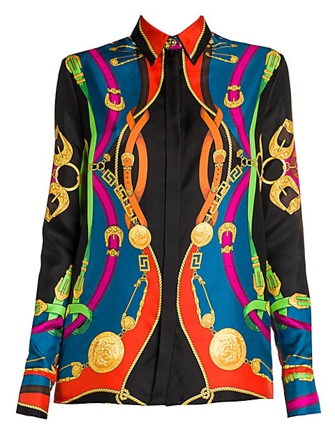 Signature baroque styling adorns this luxurious silk twill collared blouse adding contemporary dimen